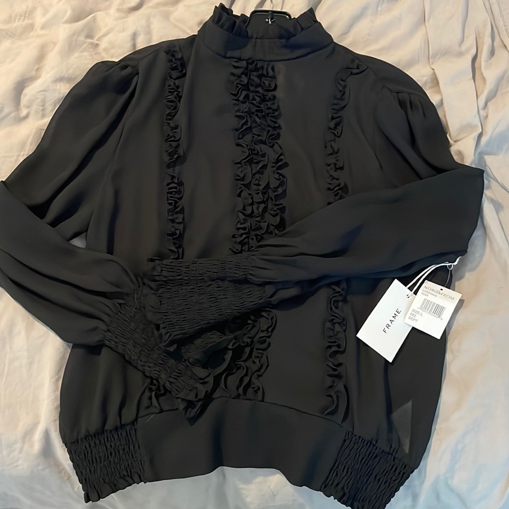 FRAME blouse - black, button up back.